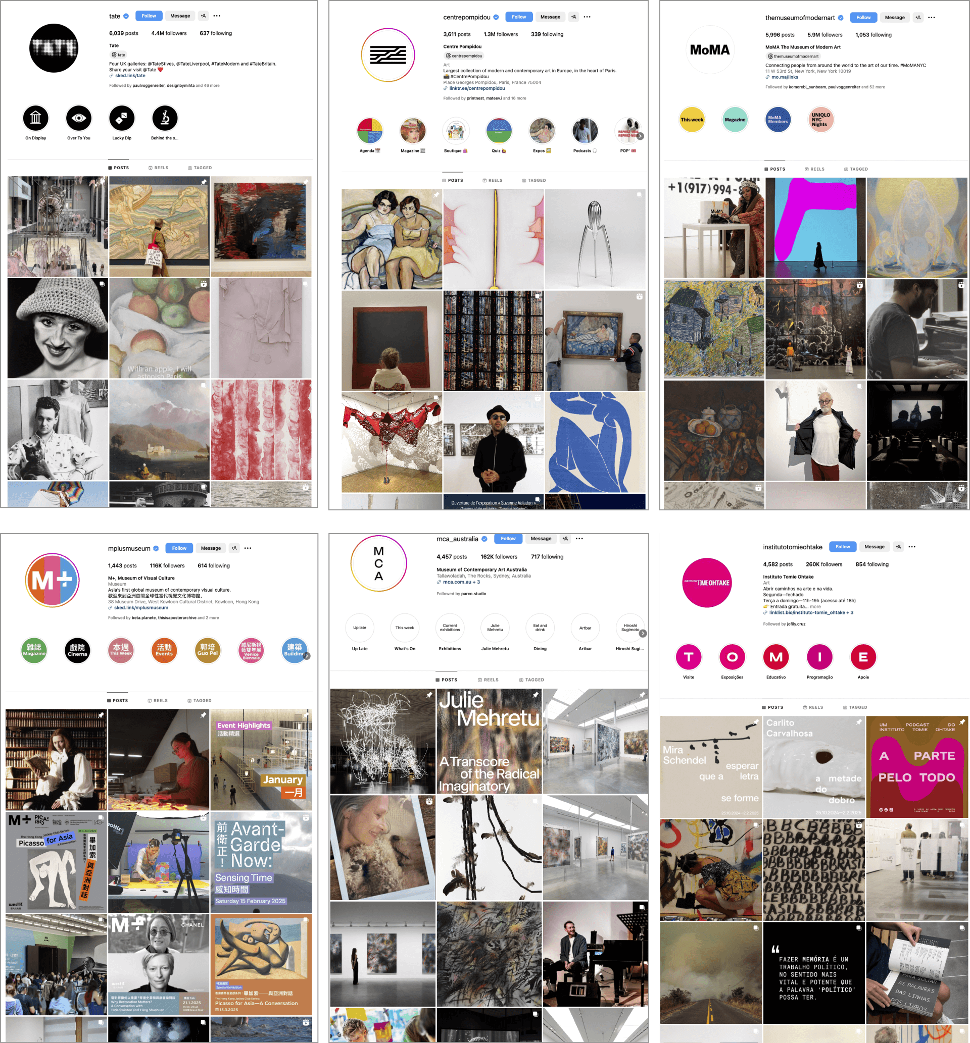 Screenshots of instagram museum profiles